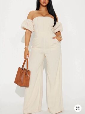 Off-Shoulder Cream Wide-Leg Jumpsuit with Puff Sleeves